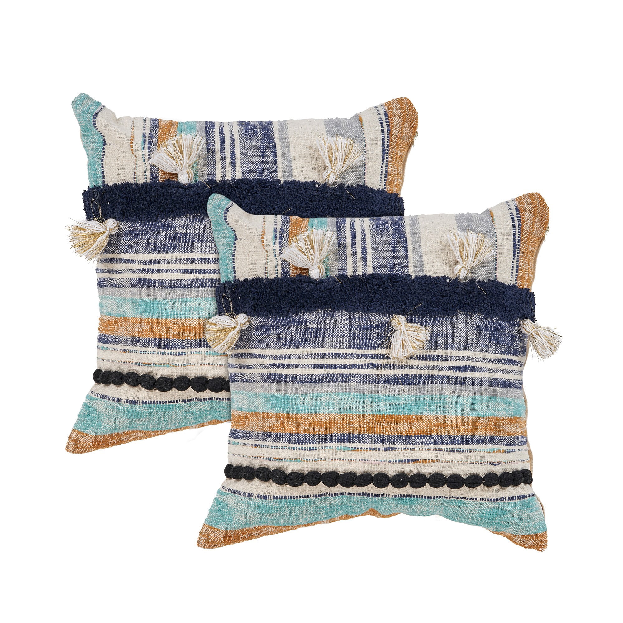 Laddha Home Designs Handwoven Coastal Geometric Striped Square Throw Pillows - 18" - Blue and Tan -