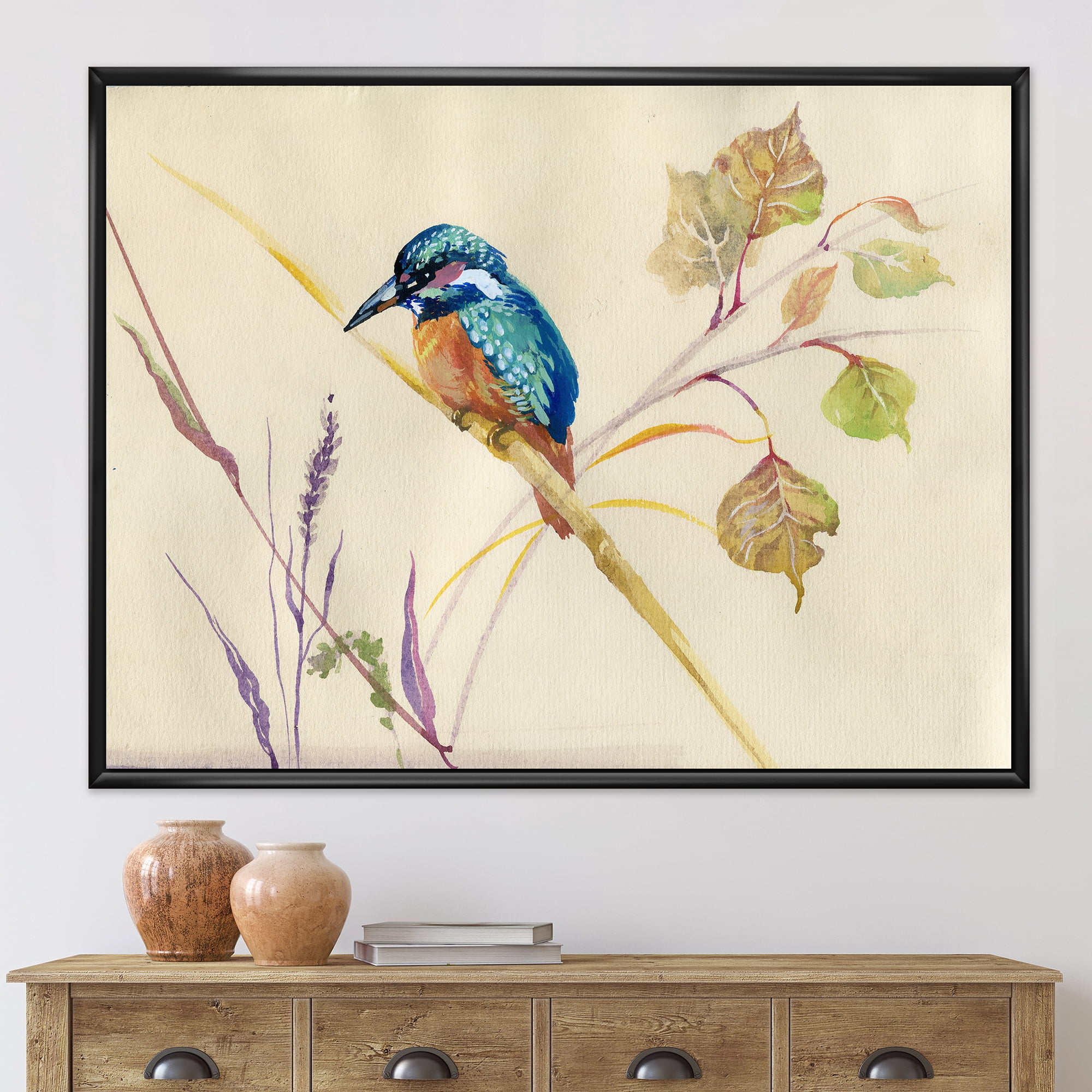 Common Kingfisher Bird On Branch 32 in x 24 in Framed Painting Canvas Art Print, by Designart