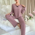 thumbnail image 2 of Cqxid525 Women's Pajama Set Ribbed Pajama Sets for Women Pullover V Neck Long Sleeve Sleepwear Matching Comfy Long Pants Outfits Purple 1PC, 2 of 7