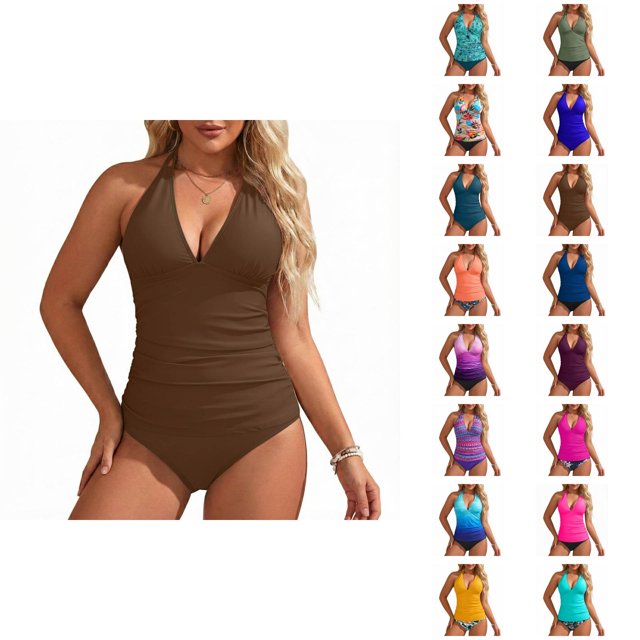 Womens Tankini Swimsuits Fashion Deep V Neck Slimming Tummy Control with High Waisted Bottom Two Piece Bathing Suits Woman