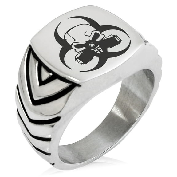 Stainless Steel Biohazard Skull Chevron Pattern Biker Style Polished Ring