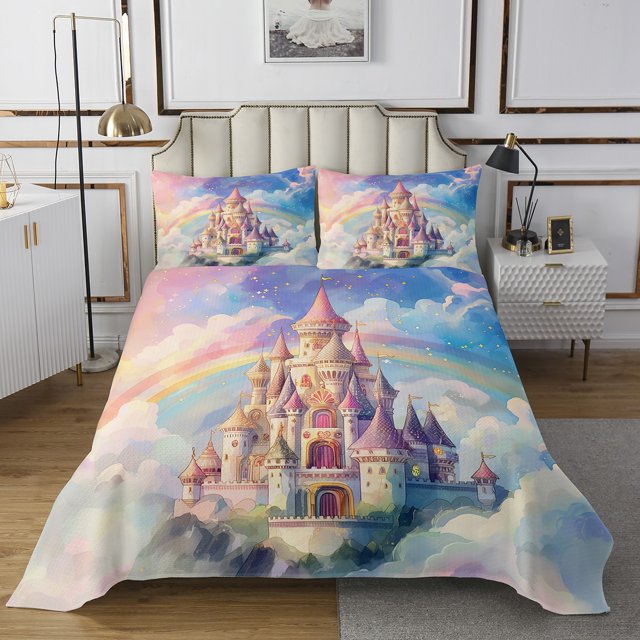 Erosebridal Girly Pink Castle Coverlet Set King, Rainbow Bedding Set, Princess Style Decor 3pcs
