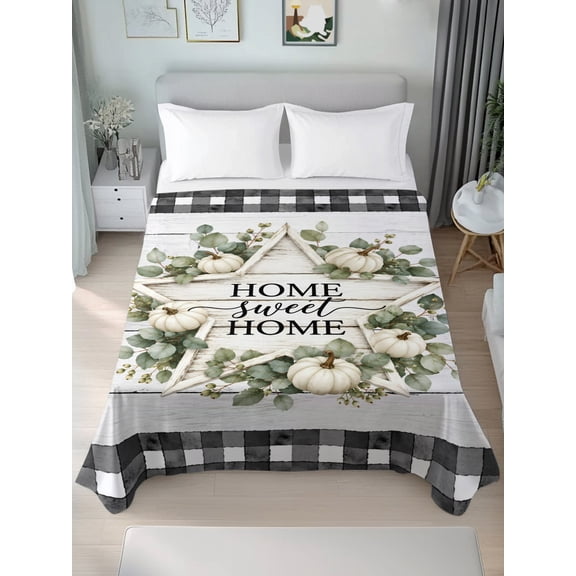 Queen Flat Sheet Only Sweet Home Words Fall Pumpkins Soft Microfiber Cooling Bedding Sheets Blue White Plaid Flat Bed Sheet for Hotel,Home Decor