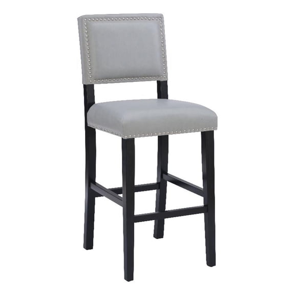 Linon Brook 30" Wood Bar Stool Lt Gray Faux Leather Nailhead Trim in Black Stain