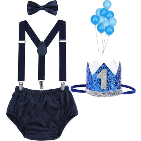 

WELROG Baby Boys First Birthday Cake Smash Outfit Bow Tie Suspenders Bloomers Birthday Hat Sparkle Gold Set