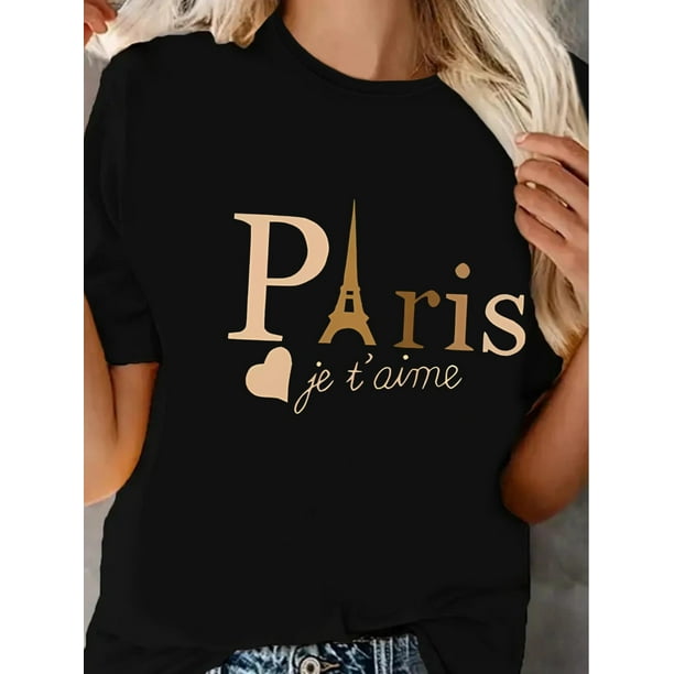 Women'S Casual Paris Graphic T-Shirt, Polyester Blend, Crew Neck, Medium Stretch, Knit Fabric, Cartoon Print, for All Seasons - Sizes S-XXL