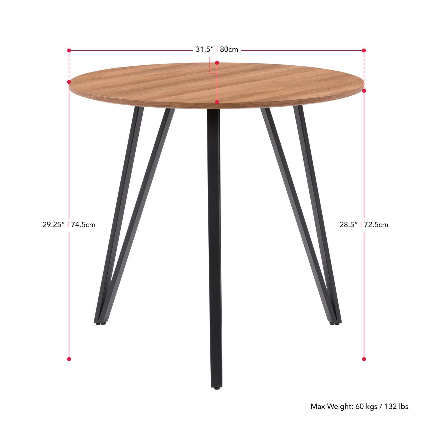 Table de bistrot d'intérieur ronde CorLiving Ezra, petite, avec plateau en bois d'ingénierie et pieds en fer noir, pouvant accueillir jusqu'à 4 personnes