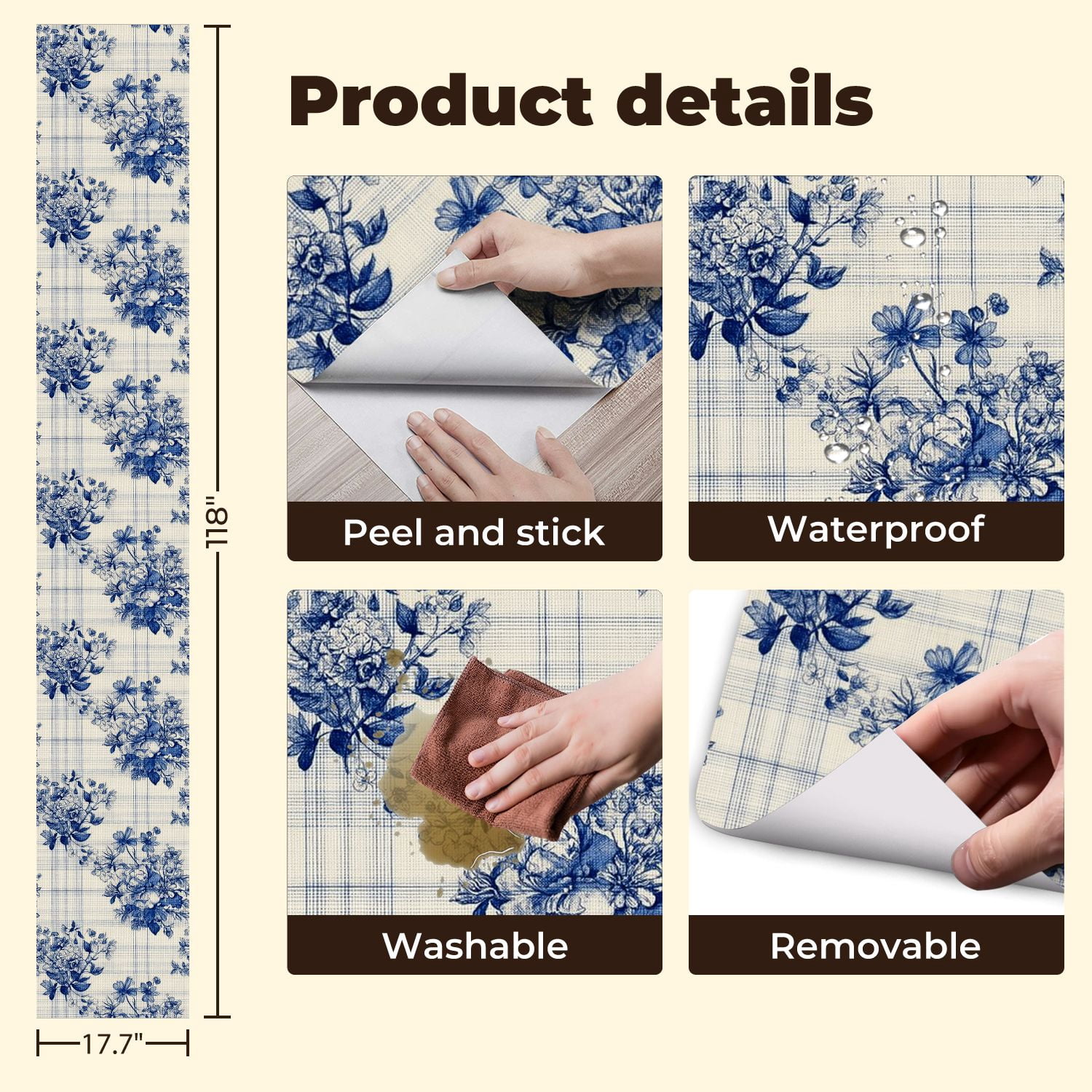 Farmhouse Peel and Stick Wallpaper 17.7in x 9.8ft Blue Floral Roses Wildflowers Contact Paper Vinyl Self-Adhesive Removable Wall Paper for Bedroom Kitchen Cabinet Renter Friendly