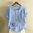 thumbnail image 2 of Cmfcve Women's Plus Size Tee Shirt Short Sleeve Round Neck Cotton Linen Tops Printed Button Henley Blouse, 2 of 5