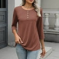 thumbnail image 4 of Taqqpue Women Long Sleeve Shirts Casual Solid Color Crewneck Button Pullover Tops Fall Winter Loose Fit 3/4 Sleeve Plus Size Cotton Blouse T Shirts for Women, 4 of 8