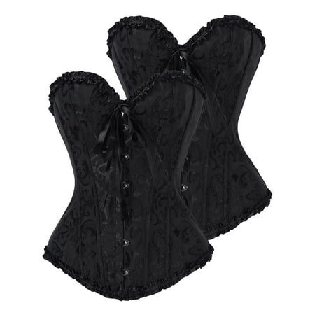 

DODOING 2 Packs Women Satin Lace Sexy Bustier Corset Basque Lace Up Lingerie G-string Set S-6XL