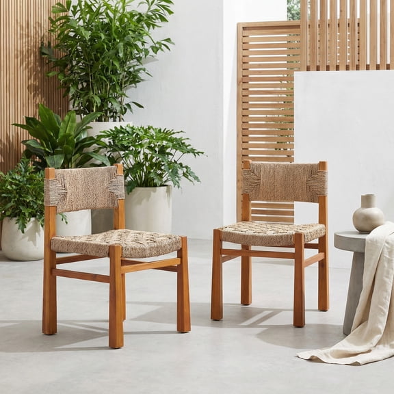 Christopher Knight Home Outdoor Wicker Dining Chairs, Armless Acacia Wood Frame, Teak Light Brown, Set of 2