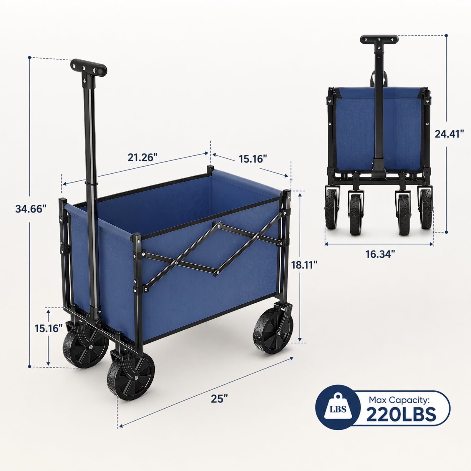 Alvantor Folding Wagon Cart, 220LBS Heavy Duty Collapsible Utility Cart with All-Terrain Wheels & Brake, Portable Outdoor Wagon for Camping Garden Beach Shopping Grocery