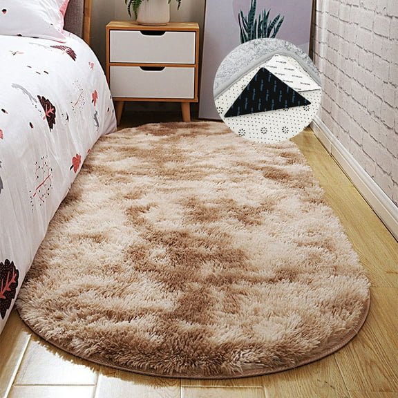 FUDAKUNA Fluffy Area Rug Oval 31" x 63" Shaggy Gradient Beige Brown Soft Fuzzy Plush Carpet Non Slip Backing Absorbent Floor Mats