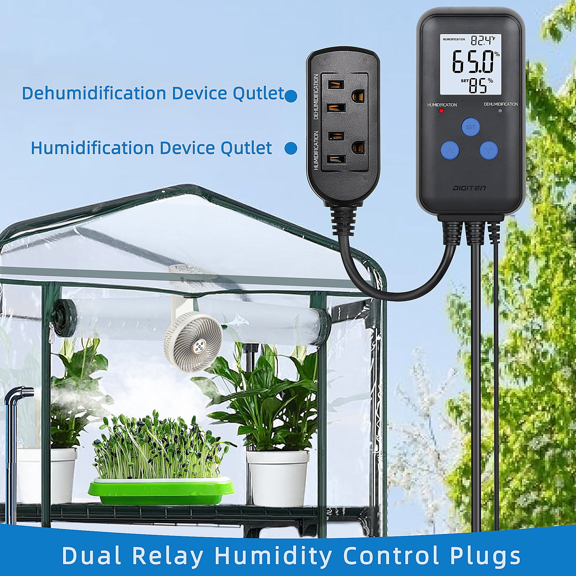 10A Humidity Controller, Pre-Wired Humidity Controlled Dual Stage Outlets for Mushroom Growing, Reptile, Grow Tent, Humidifier/Dehumidifier