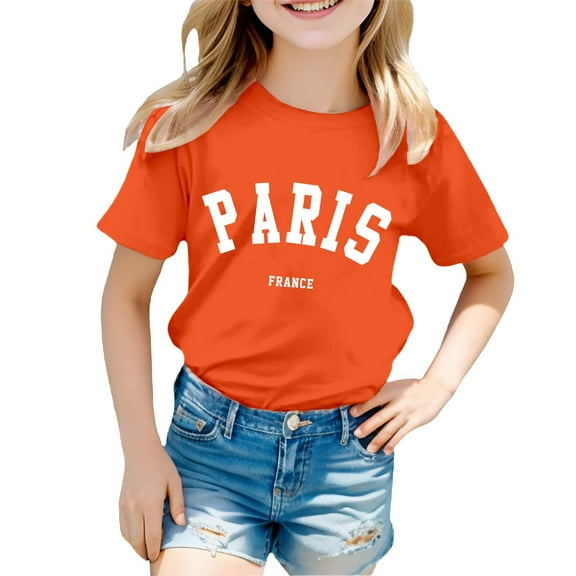 AWZXDE Girls'Casual Short Sleeve T-Shirt with Stylish Alphabet Letter Print,Comfy & Design for Everyday Wear,Kids' Top Orange,7-8 Years