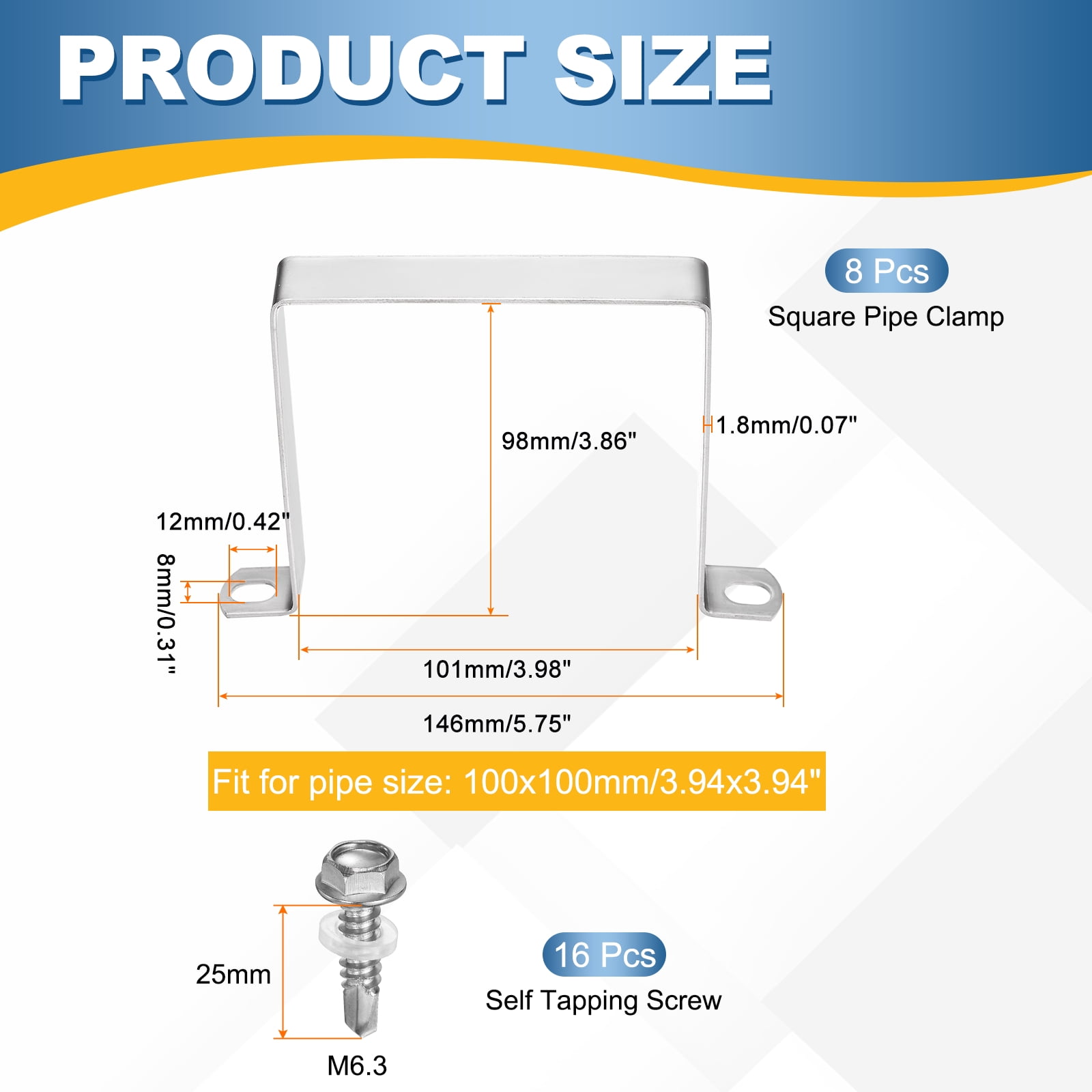 Uxcell 8set U Shaped Connector Bracket 100x100mm 304 Stainless Steel Square Pipe Clamp with Self Tapping Screw Square Tube Buckle for Pipe Hose Cable Automotive Parts, Silver