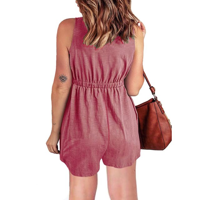 Pelele Corto De Verano Para Mujer, Con Botones En La Parte Delantera, Cómodo, Con Cuello En V, Sin Mangas Para Ir De Compras ANGGREK Rosa M