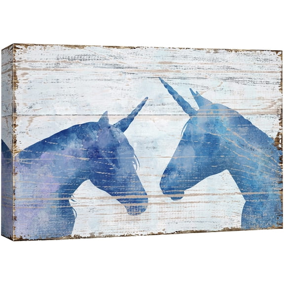 wall26 Canvas Print Wall Art Blue Unicorn Duo on Vintage Wood Panels Fantasy & Sci-Fi Animals Illustrations Modern Art Chic Scenic Relax/Calm Multicolor for Living Room, Bedroom, Office - 12&quot