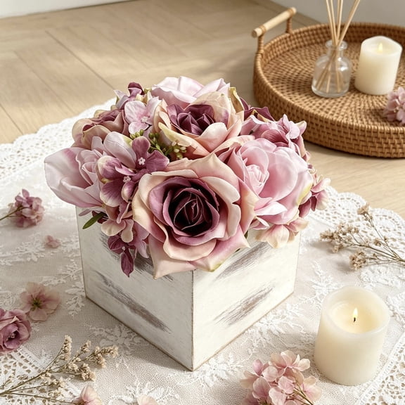 Jahe Artisan Artificial Rose Flowers in Planter for Table Centerpiece Decor,Vintage Rustic Pink Flower Floral Arrangements in vase