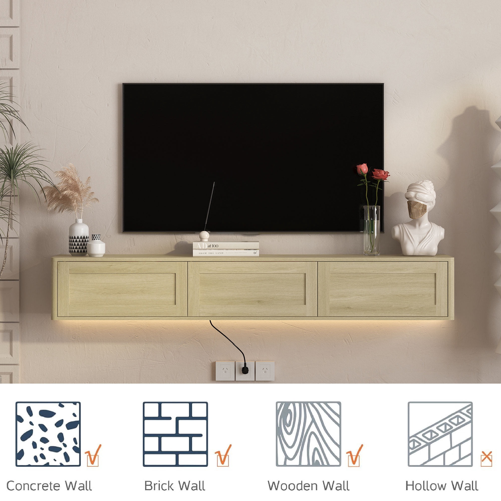 S-HOME Wall Mounted TV Shelf Featuring Led Lights and Power Outlet, High Gloss Floating TV Stand for Your Living Room，Light-colored Wood