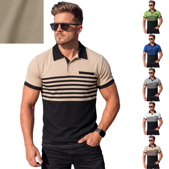 OIOLOYJM Waffle Polo Shirts for Men Casual Short Sleeve Striped Button Pocket Golf Shirts Business Muscle Fit Polos Spring Workout Pullover Khaki S