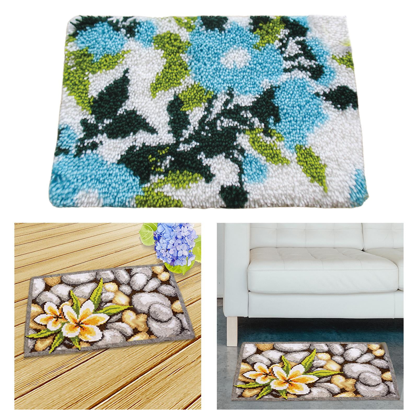 Flower Latch Hooking Rug Kits Embroidery Carpet with Basic Tools work Crochet Hook Crafts Latch Hook Kits for Adults Bedroom , Blue Flower