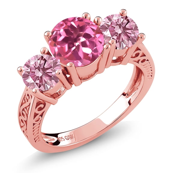 Gem Stone King 18K Rose Gold Plated Silver Pink Mystic Topaz and Pink Lab Grown Diamond Engagement Ring for Women | 2.65 Cttw | Round 7MM | Gemstone November Birthstone | Size 6