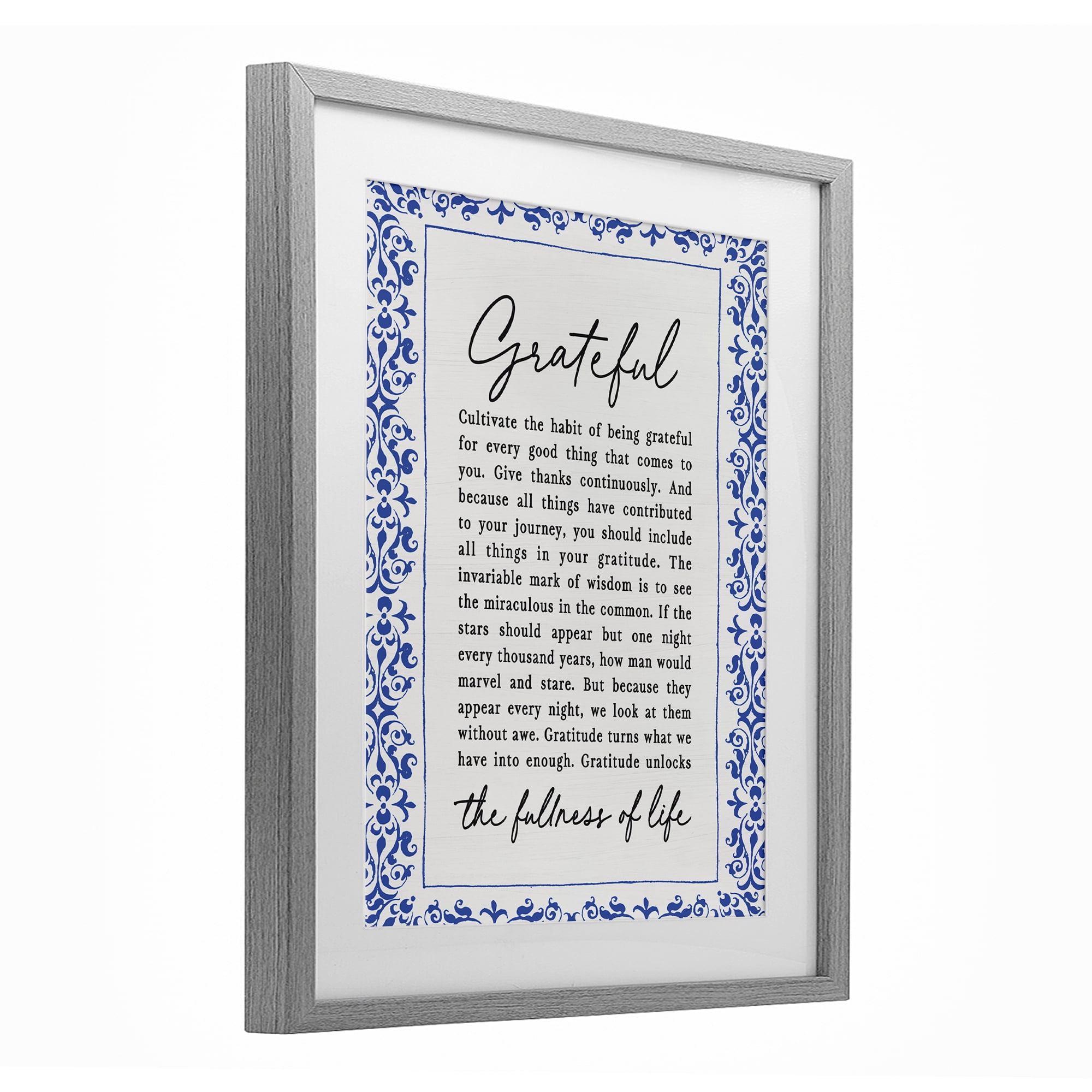 Gratitude Unlocks Fullness Of Life Gray Framed Print Under Glass, design by Lettered and Lined