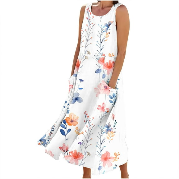 Hvot&aat Women Summer Tank Dress Casual Floral Print Floral Flowy Maxi Dresses Crewneck Sleeveless Sundress with Pockets
