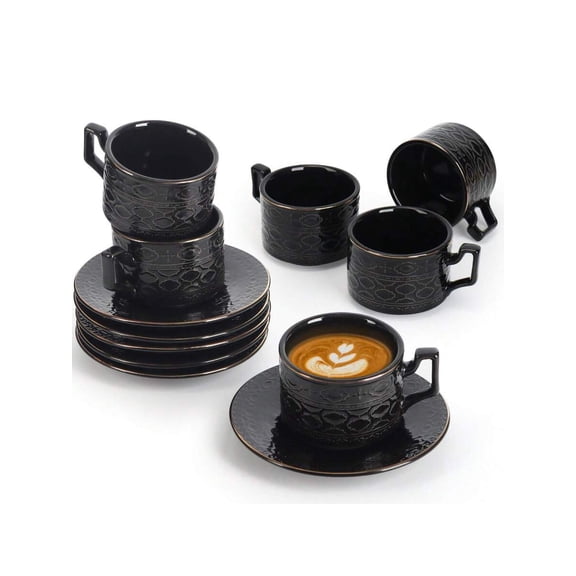 Ceramic Espresso Cups With Saucers, Small 3.2 Oz Porcelain Demitasse Cups Set Of 6, Stackable Cappuccino Coffee Mugs For Latte, Cocoa, Mocha, Tea, Housewarming Wedding Present, Dishwasher (White)