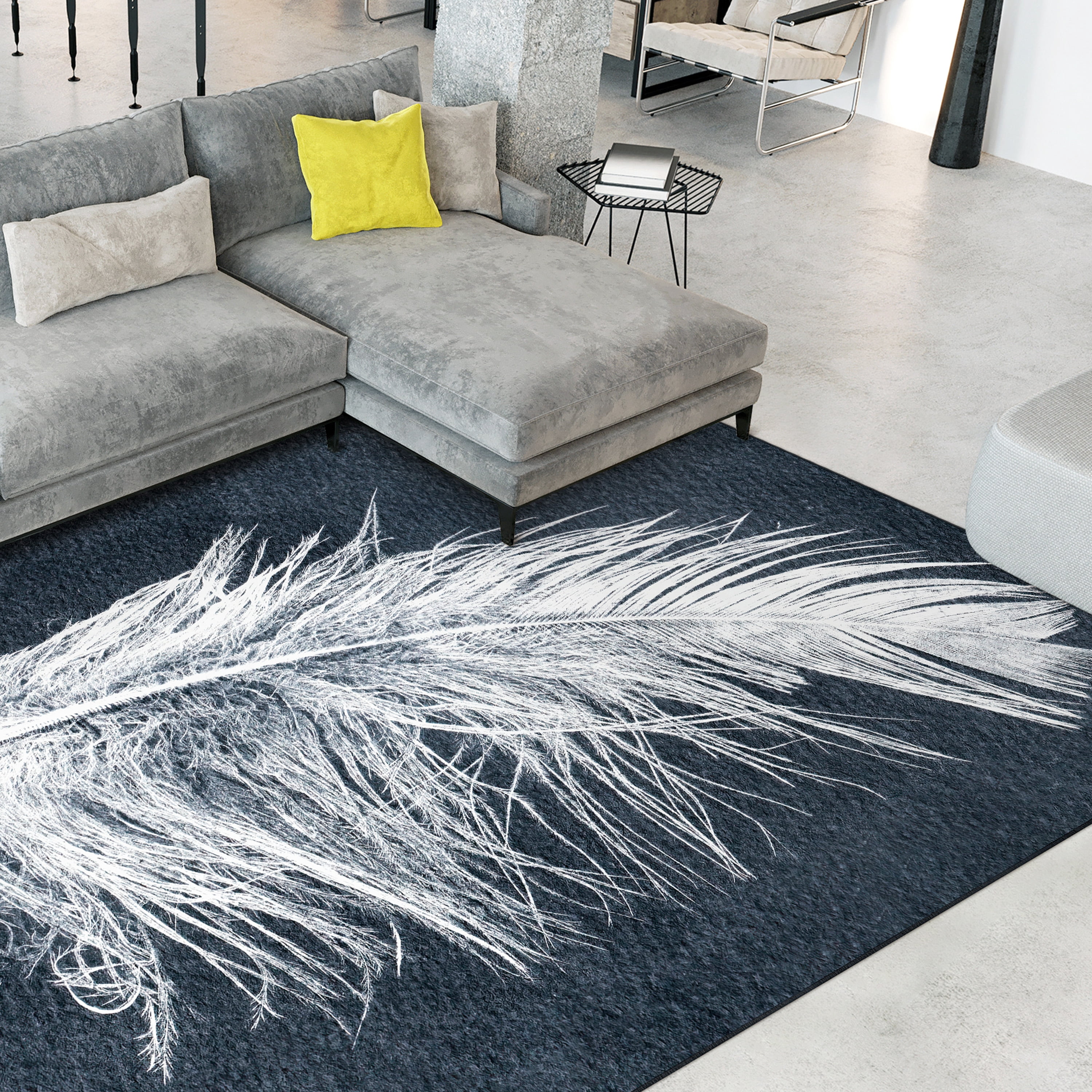 Feather I Dark Washable Art Area Rug size 8'x10', Power-loomed, Heavenly Softness with Non-Slipping Backing