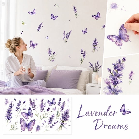 Purple Lavender Butterfly Bedroom Decorative Stickers Peel and Stick Wall Art Decorations Decor PVC Removable Lavender Wall Stickers for Bedroom Living Room (Set of 2)