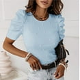 thumbnail image 4 of RYRJJ Women's Tops Elegant Pearl Embellished Puff Short Sleeve Embroidered Blouse Tops Trendy Slim Fit Knit Ribbed Summer Shirts(Sky Blue,XXL), 4 of 9