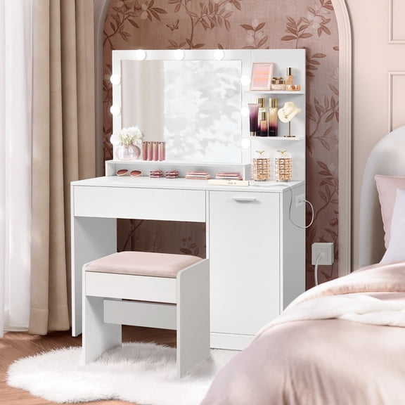 LEDREM Makeup Vanity Desk Set with LED Mirror & Stool , Dimmable Lights , Power Outlets & USB Ports , Storage Drawer & Shelves , for Bedroom ,Cloud White