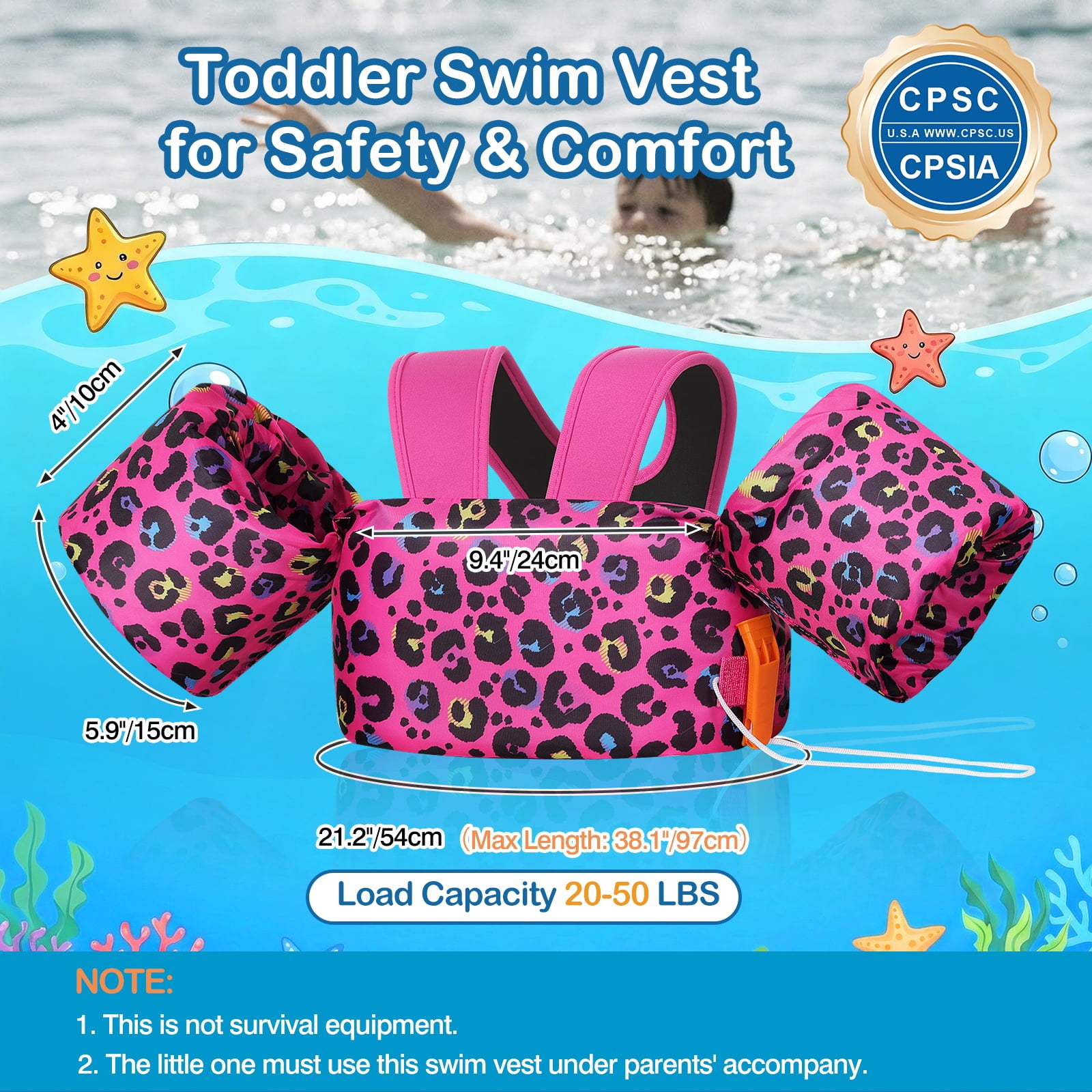 MoKo Kids Swim Vest with Armbands, Toddler Floaties for 20-50 lbs, 2-7 Years Girls Boy, Rose Red Leopard