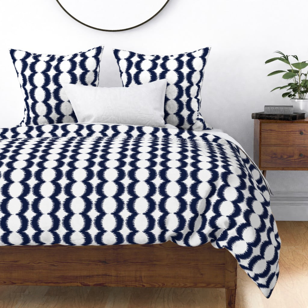 Navy Ikat Modern Abstract Blue White Sateen Duvet Cover by Roostery