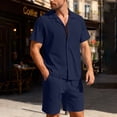 thumbnail image 3 of Havenx Men's 2 Pieces Casual Beach Outfits Button Down Short Sleeve Drawstring Shirts and Shorts Lapel Collar Texture Sets Fashional Comfortable Athletic Loose Casual Outfits Tracksuit,Navy L, 3 of 6