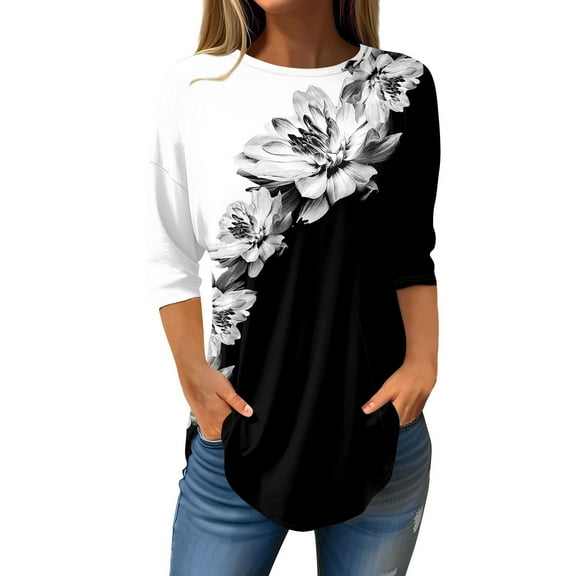 Jxximdong Tshirts for Women Women's Printed Fashionable Casual Round Neck And Three Quarter Sleeve Top Black Summer Tops L
