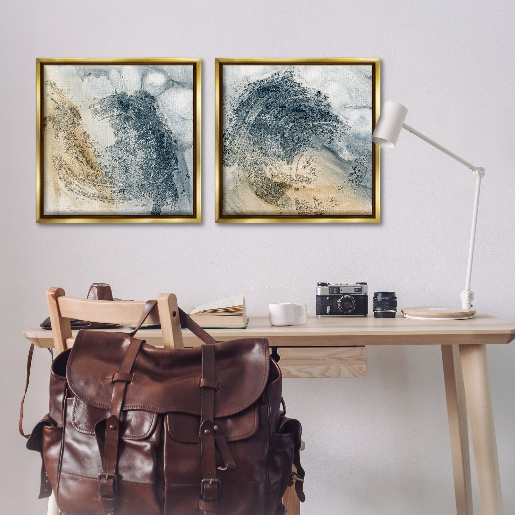 Stupell Industries Abstract Beige Blue Wave Abstract Painting Gold Floater Framed Canvas Art Print Wall Art, 25 x 25, Set of 2