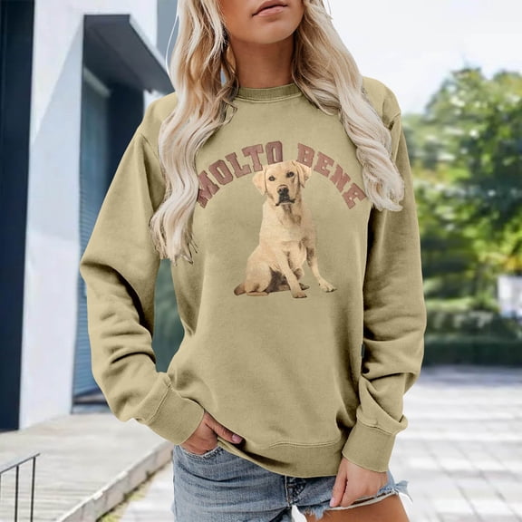 Cut Dog Print Women's Sweatshirt Molto Bene Long Sleeve Crewneck Relax Fit Fall Casual Pullover Sweater