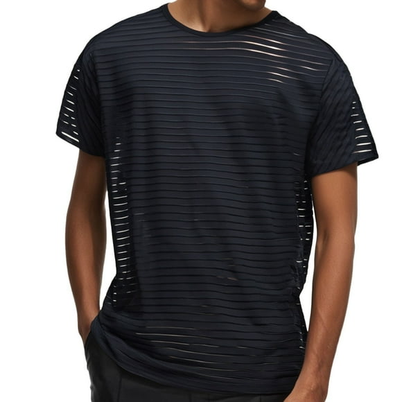 Xdzjlr Tshirts for Men Striped Hollow Out Sheer Short Sleeve Parties Wear Leisure Men's Shirt,Xxl