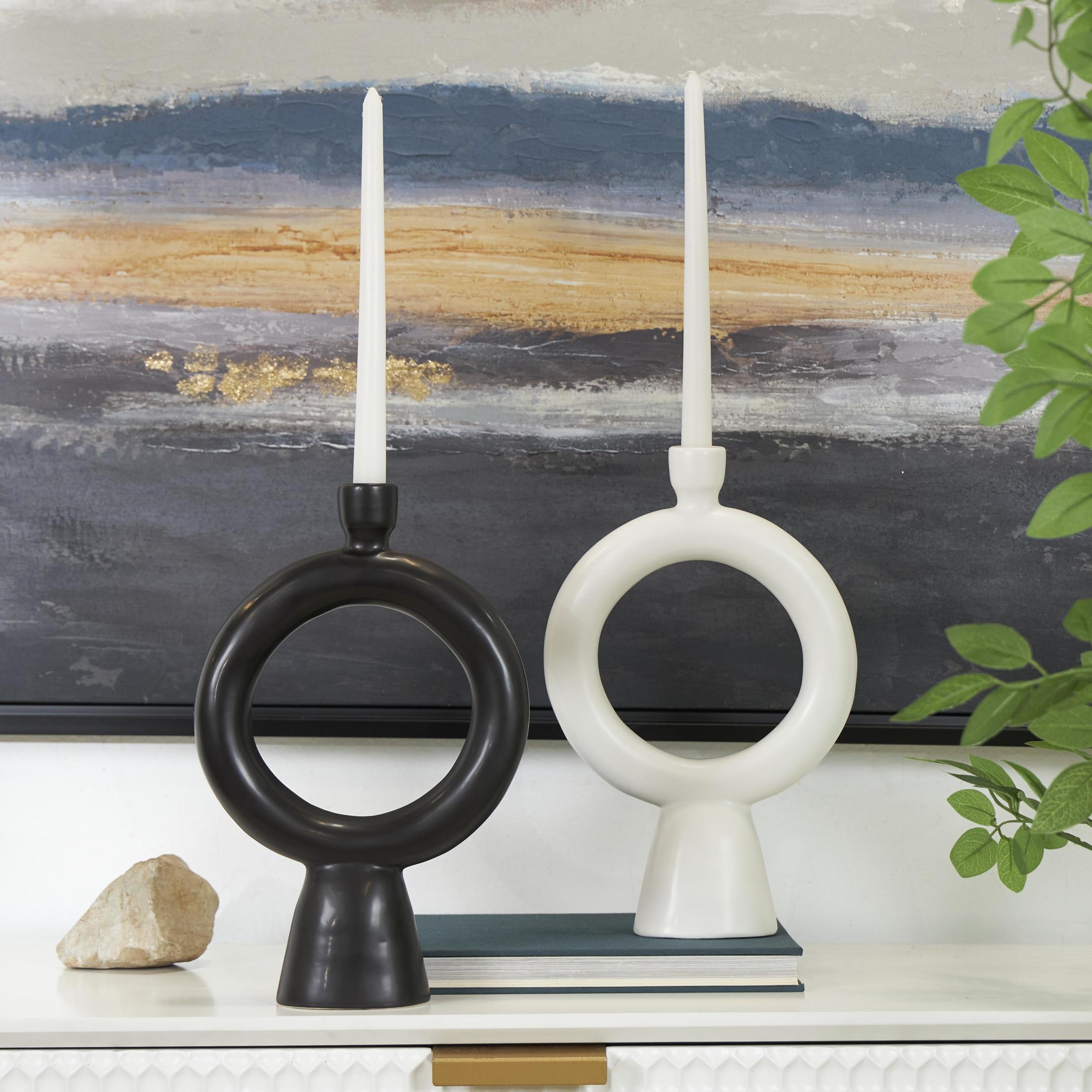 CosmoLiving by Cosmopolitan 2 Candle Black Ceramic Geometric Ring Candle Holder, Set of 2