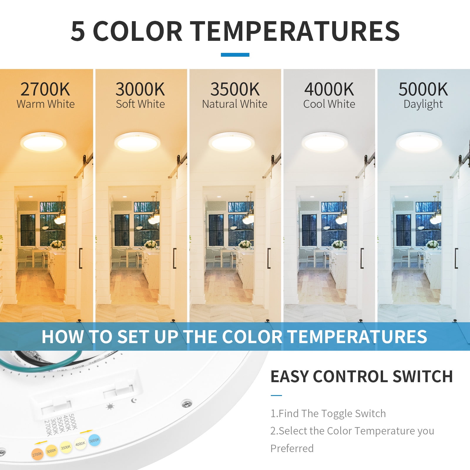 Motion Sensor Ceiling Light Indoor Wired PIR, 2700/3000/3500/4000/5000K, LED Closet Lights Motion Sensored 7 in,12W, Timer, Motion Activated Flush Mount Ceiling Light for Hallway,Pantry