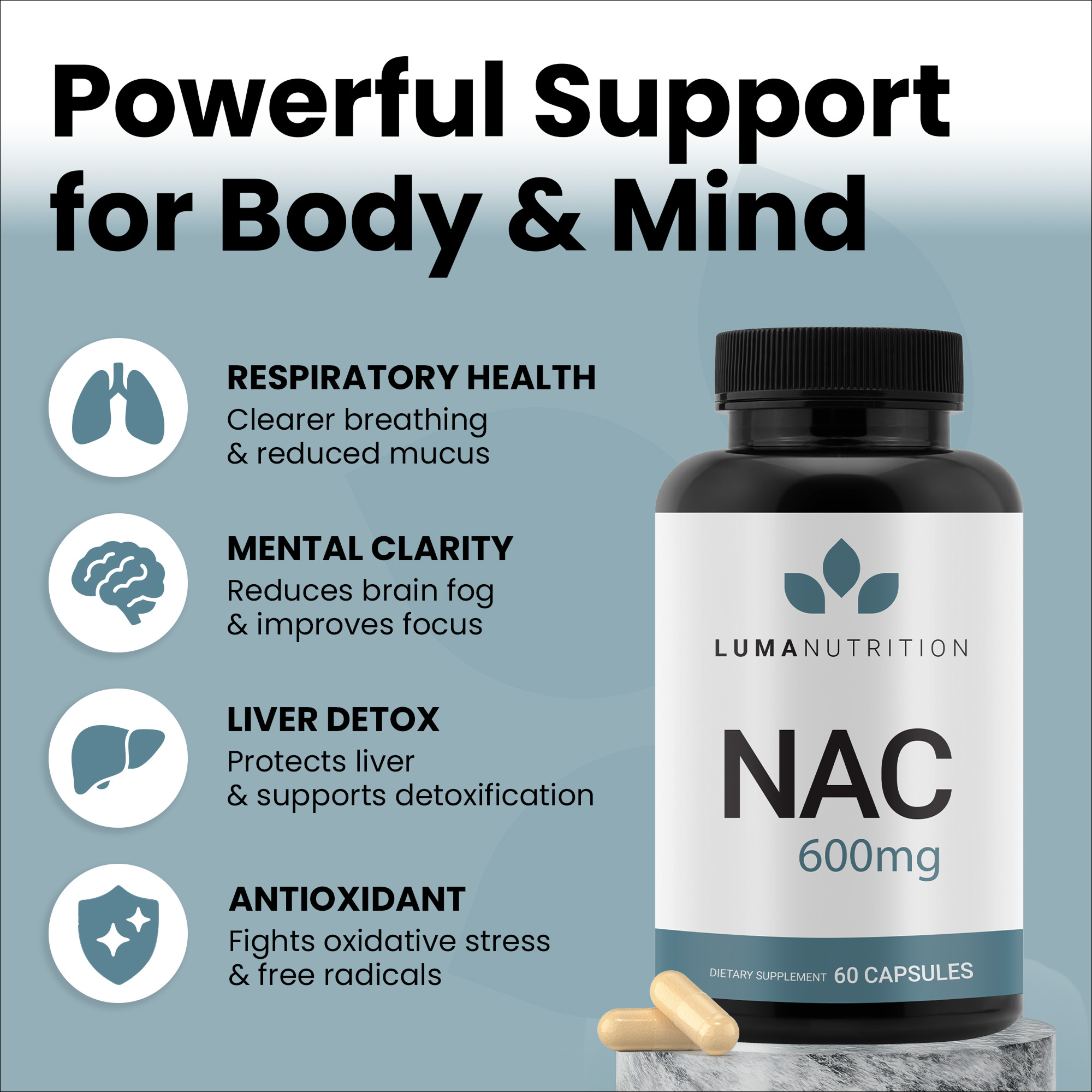 Luma Nutrition NAC 600 mg Capsules - NAC Supplement N-Acetyl Cysteine for Antioxidant, Respiratory & Cellular Support - Supports Immune Function, Exercise Recovery - GMP and Made in USA