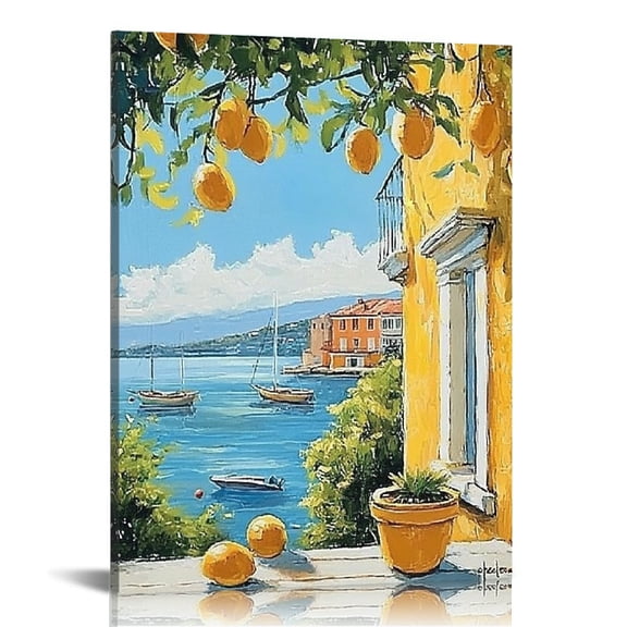 GooTPa Vintage Spring Seaside Window View with Bright Lemons Canvas Wall Art, Canvas Prints Wall Art for Living Room Bathroom Bedroom Office, Art Print Painting for Home Decorations - 12x16in
