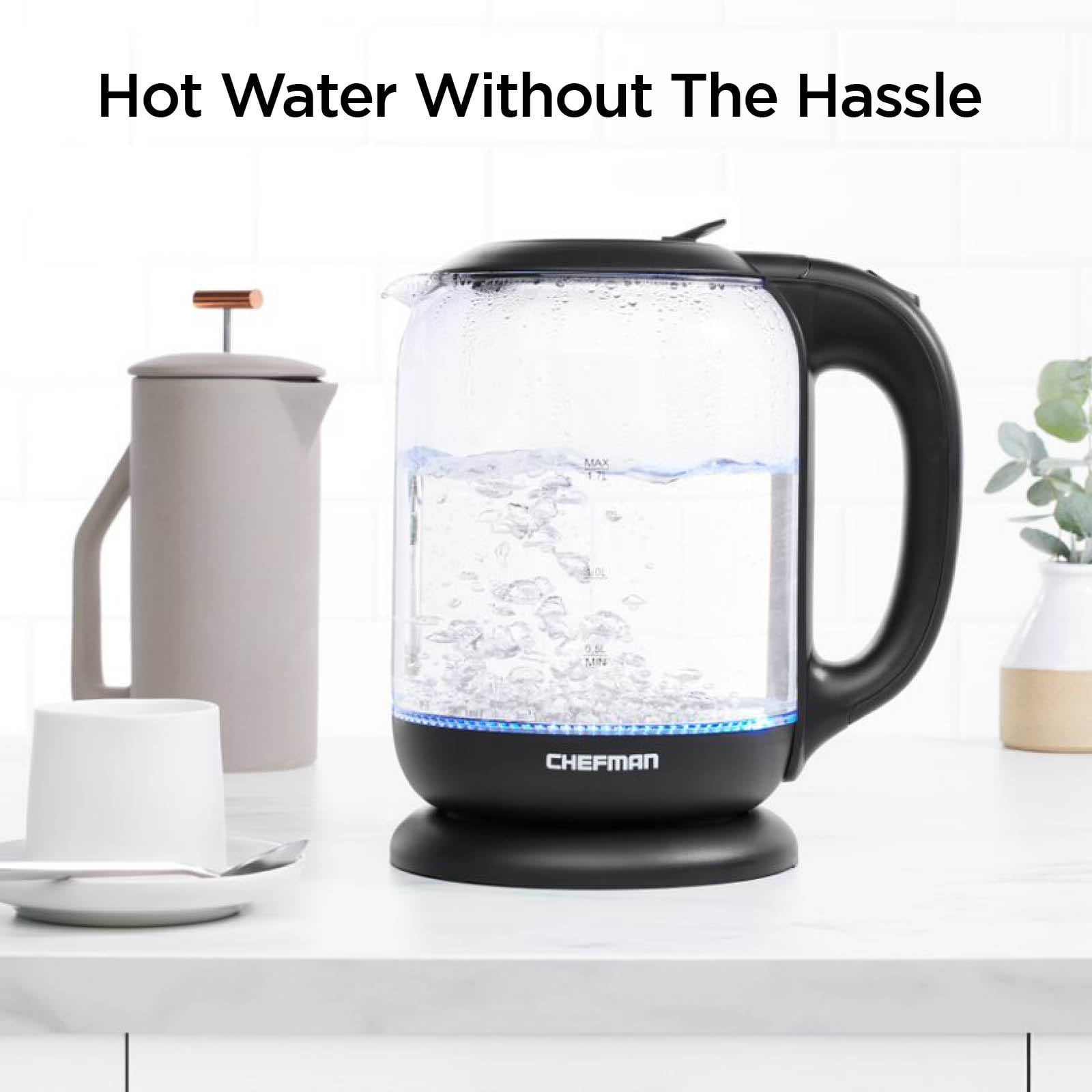 Chefman 1.7 Liter Cordless Electric Kettle with Easy Fill Removable Lid and LED Indicator, Black