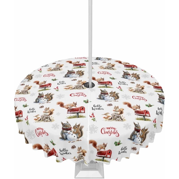 Christmas Tablecloth with Umbrella Hole and Zipper Merry Christmas Mailbox Round Outdoor Tablecloths 60 Inch Table Cloths Snowman Cute Squirrel Patio Table Cloth Cover for Holiday Party Yard Garden