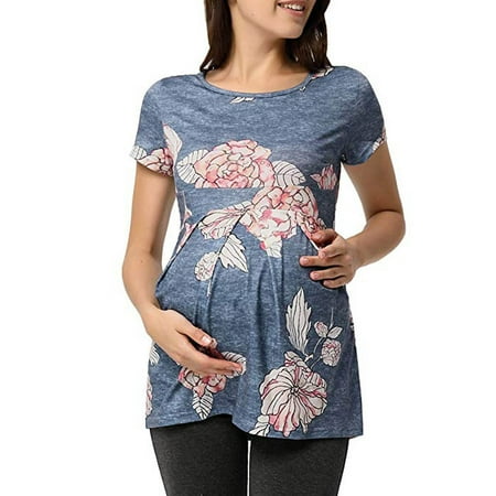 

Cathalem Pregnancy Tops Women Pregnant Short Sleeve Ruffles Floral Tops Breastfeeding Maternity Clothes Maternity Outfit Shirt Blue Medium