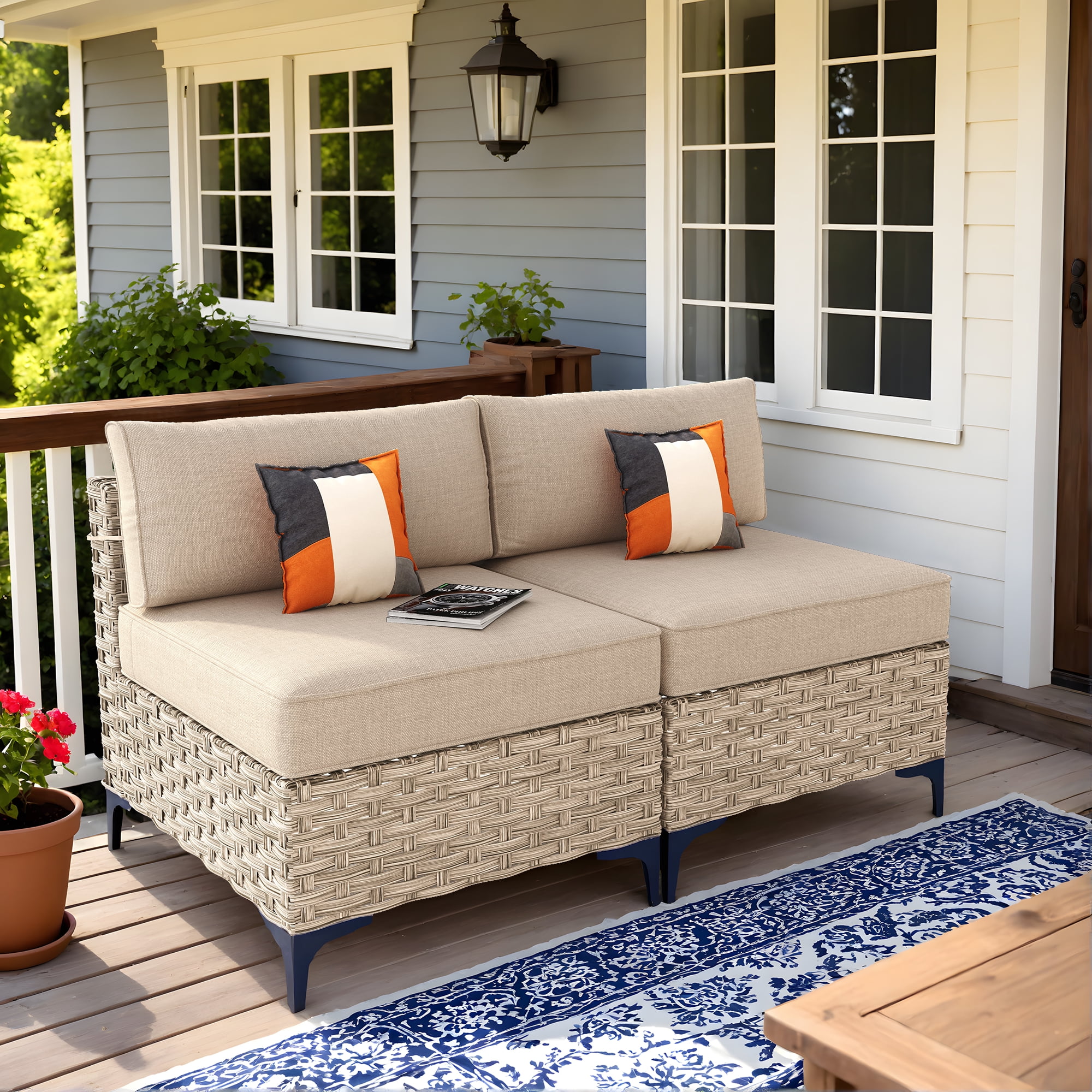 Ovios 2 Pieces Outdoor Patio Conversation Furniture Set Cushioned PE Rattan Wicker Chairs Set
